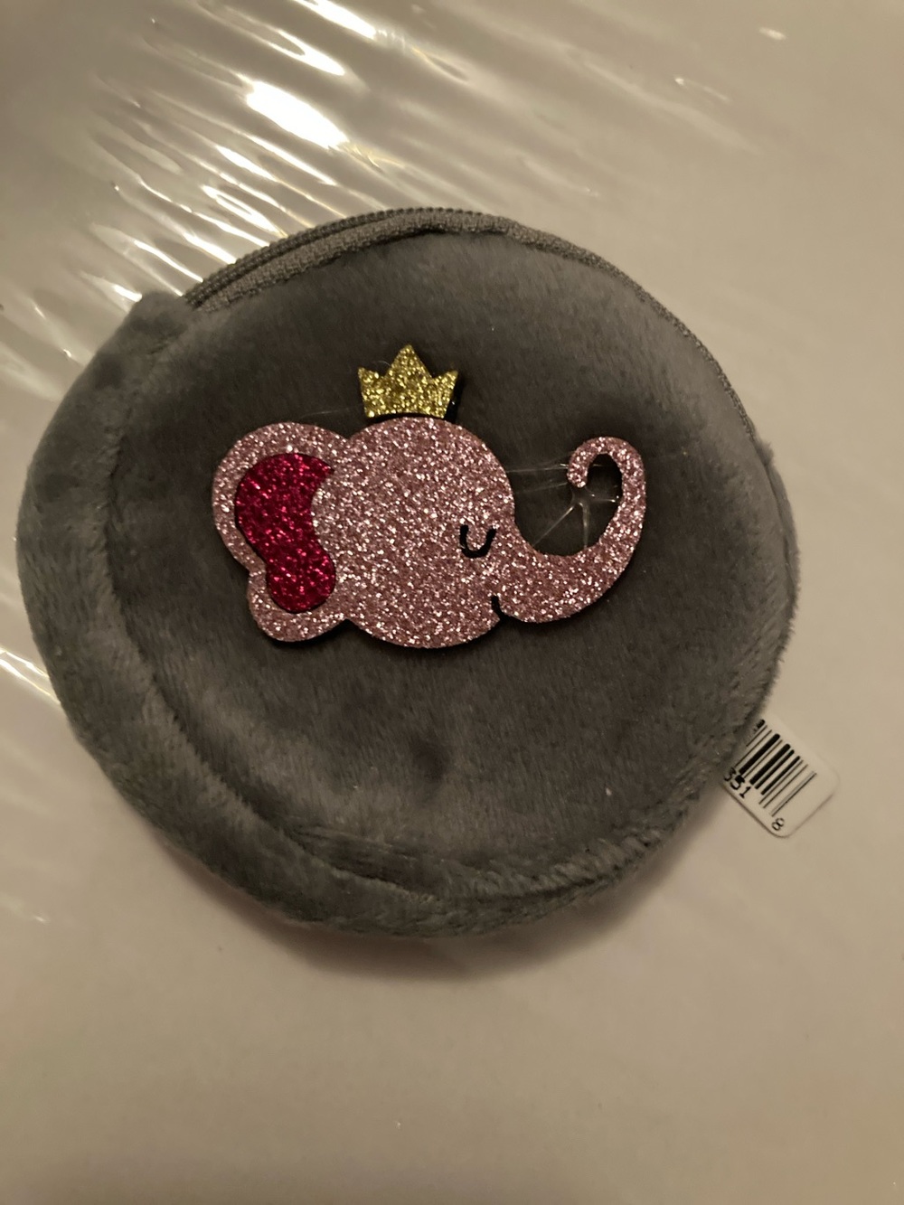 Source Unknown Grey Plush Coin Purse with Pink Glitter Elephant and Gold Crown